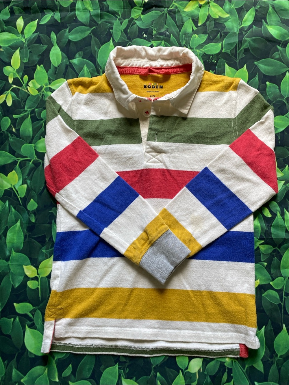 Boden Kids Multi-Stripe Rugby Shirt - White, Red, Blue, Yellow, Green
